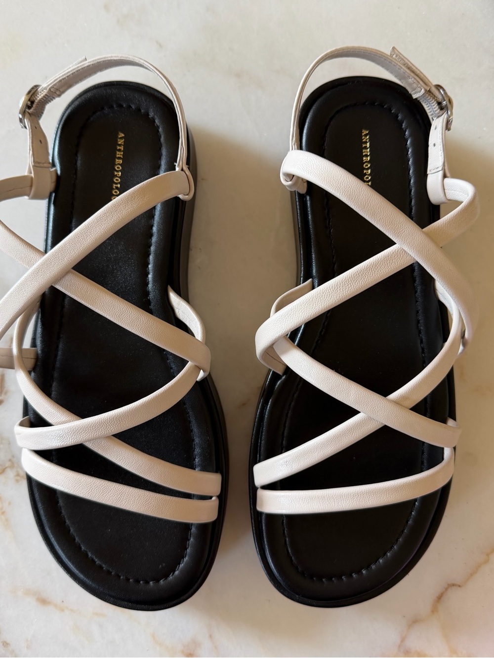 Anthropologie White Strappy Sandal with Black Footbed